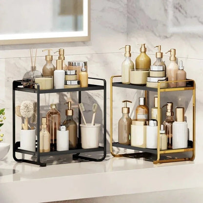Black & Gold 2 Tier Cosmetics Storage Box | Bathroom Vanity Organizer Rack