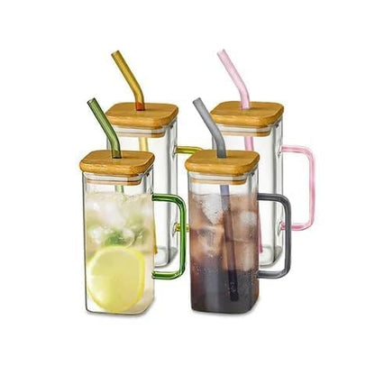 Glass Tumbler with Wooden Lid and Straw
