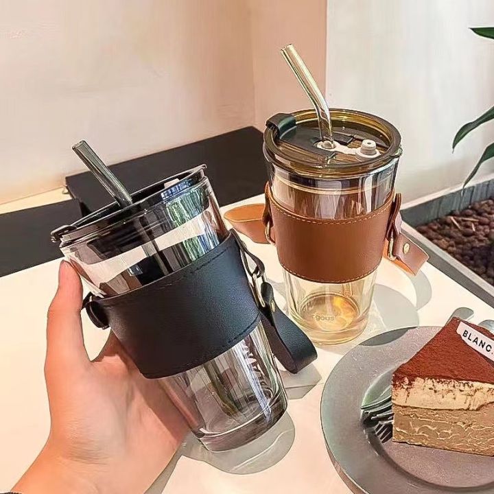Glass Tumbler with Straw, Lid & Handle – Reusable Coffee Cup