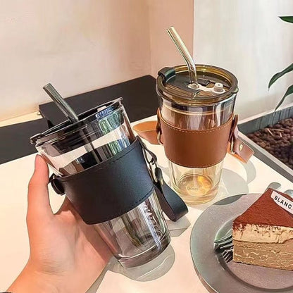 Glass Tumbler with Straw, Lid & Handle – Reusable Coffee Cup