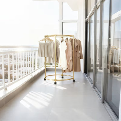 360° Rotating Round Clothes Rack with Wheels | Stainless Steel Freestanding Circular Garment Organizer