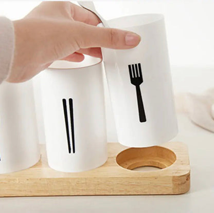 3-Grid Cutlery Holder with Wooden Stand Organizer