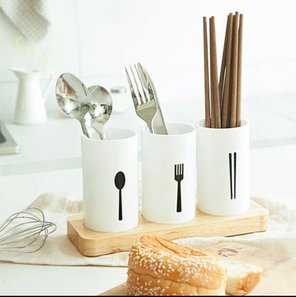 3-Grid Cutlery Holder with Wooden Stand Organizer