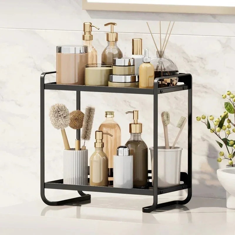 Black & Gold 2 Tier Cosmetics Storage Box | Bathroom Vanity Organizer Rack