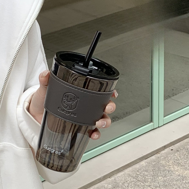 Aesthetic Glass Coffee Cup with Straw & Lid – Heat Resistant Mug
