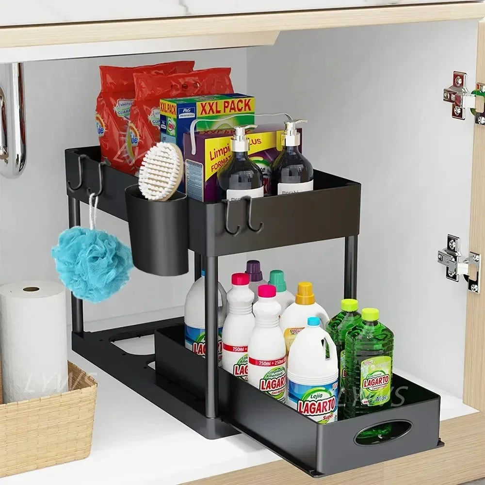 Under Sink Sliding Cabinet Storage Rack with Hooks