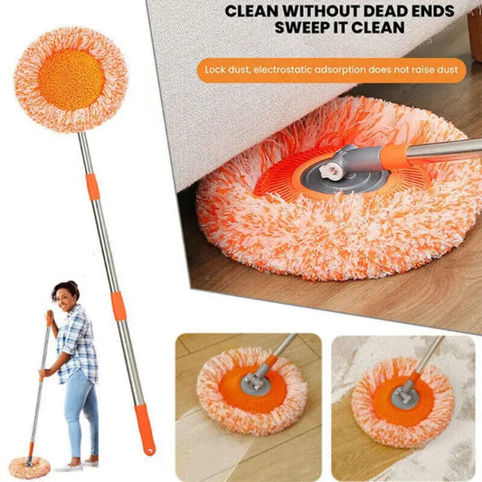 Cleaning tool with orange pad and telescopic handle, used on a wooden floor.