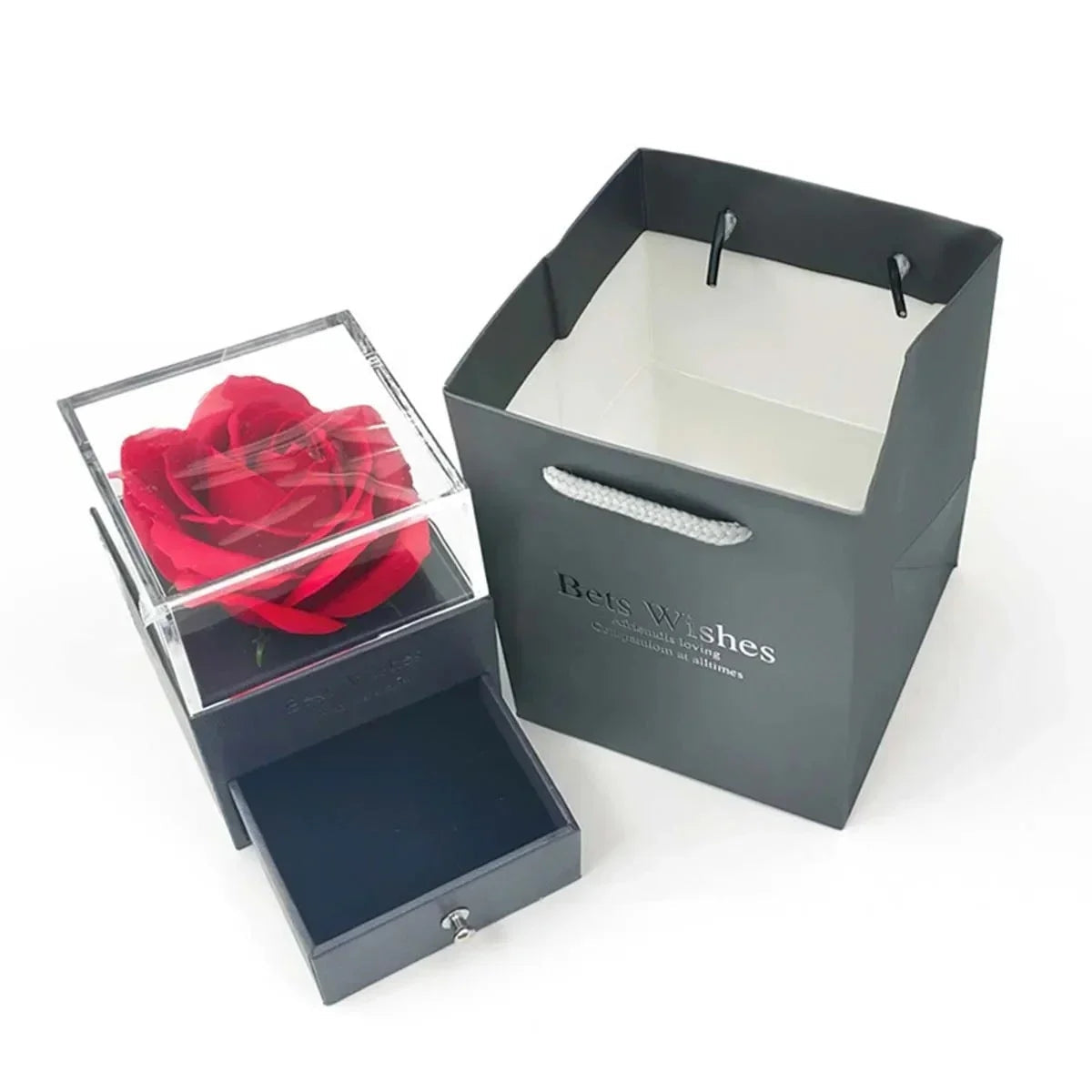 Love Red Rose Eternal Flower Gift Box for Women | Artificial Rose with Earring & Necklace Holder – Special Day Luxury Gift