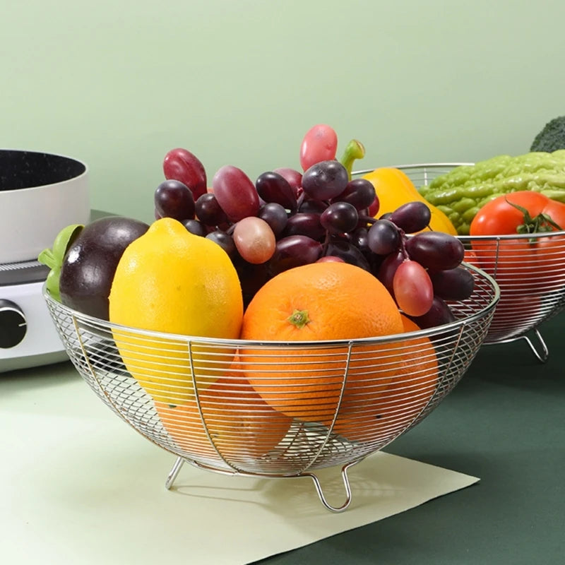 Wire fruit basket with fruits on a kitchen counter