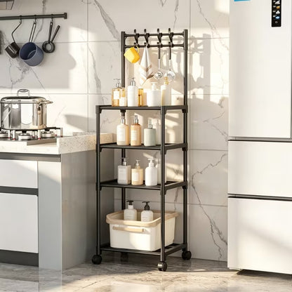 4 tier bathroom storage rack with wheels and hooks