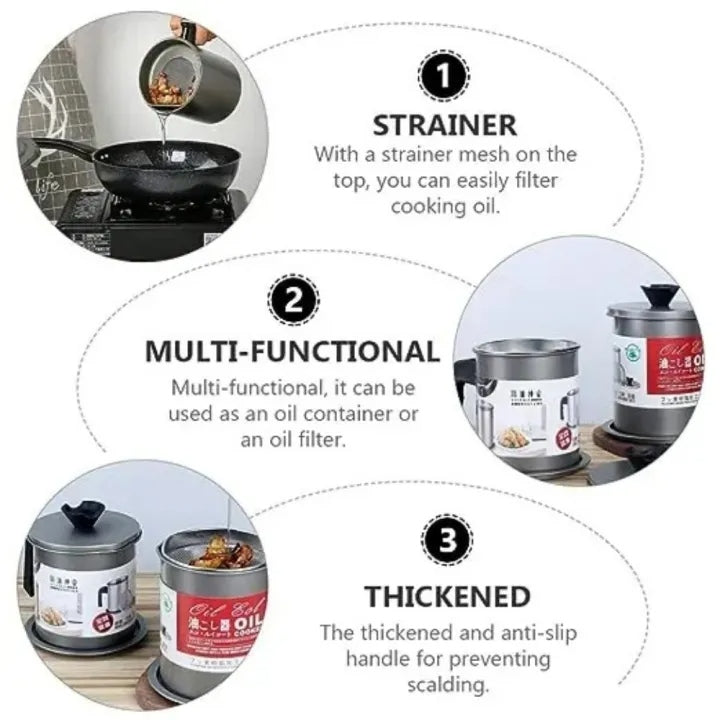 1.7L/1.4L Stainless Steel Oil Filter Pot with Strainer | Grease Keeper & Oil Storage Container with Dust Lid