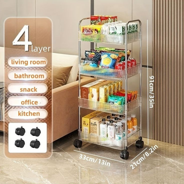 4-Tier Transparent Acrylic Corner Trolley – Premium Rolling Storage for Home & Kitchen