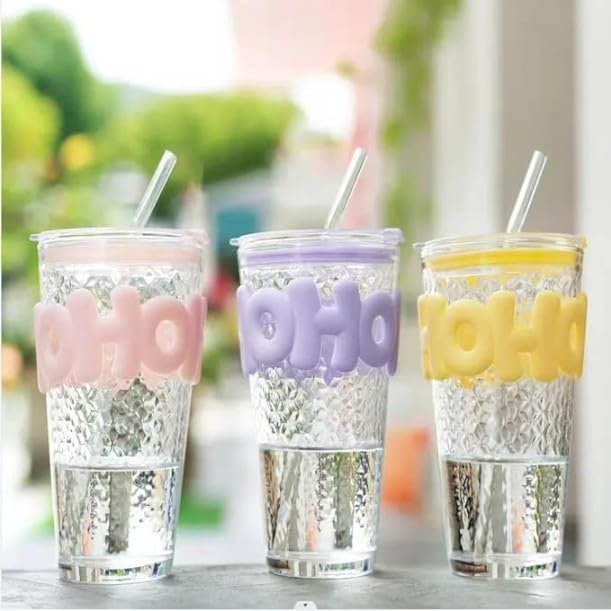 HOHO Glass Cup with Lid & Straw – Silicone Sleeve Iced Coffee Cup