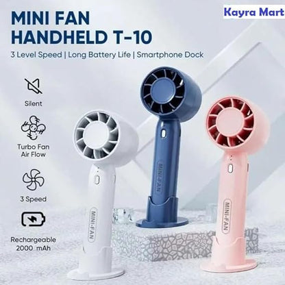 Three handheld fans in white, blue, and pink with features listed on a light gray background.