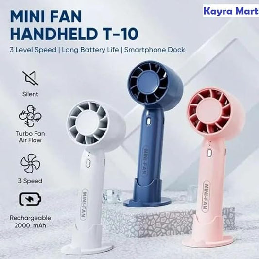 Three handheld fans in white, blue, and pink with features listed on a light gray background.