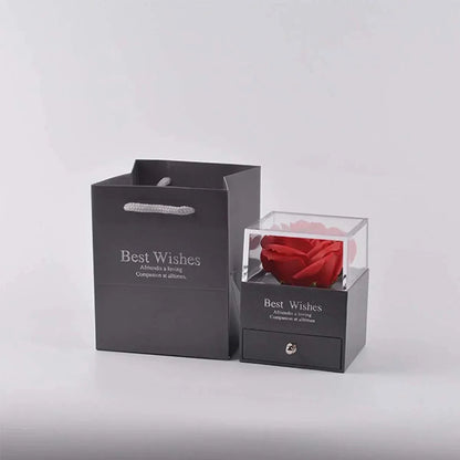 Love Red Rose Eternal Flower Gift Box for Women | Artificial Rose with Earring & Necklace Holder – Special Day Luxury Gift