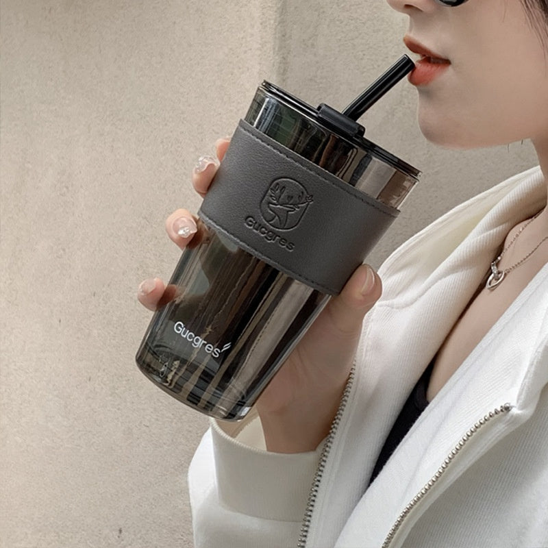 Aesthetic Glass Coffee Cup with Straw & Lid – Heat Resistant Mug
