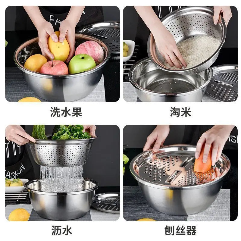 Stainless Steel Vegetable Grater Bowl – Kitchen Drain Basket & Slicer