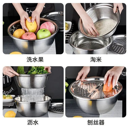 Stainless Steel Vegetable Grater Bowl – Kitchen Drain Basket & Slicer