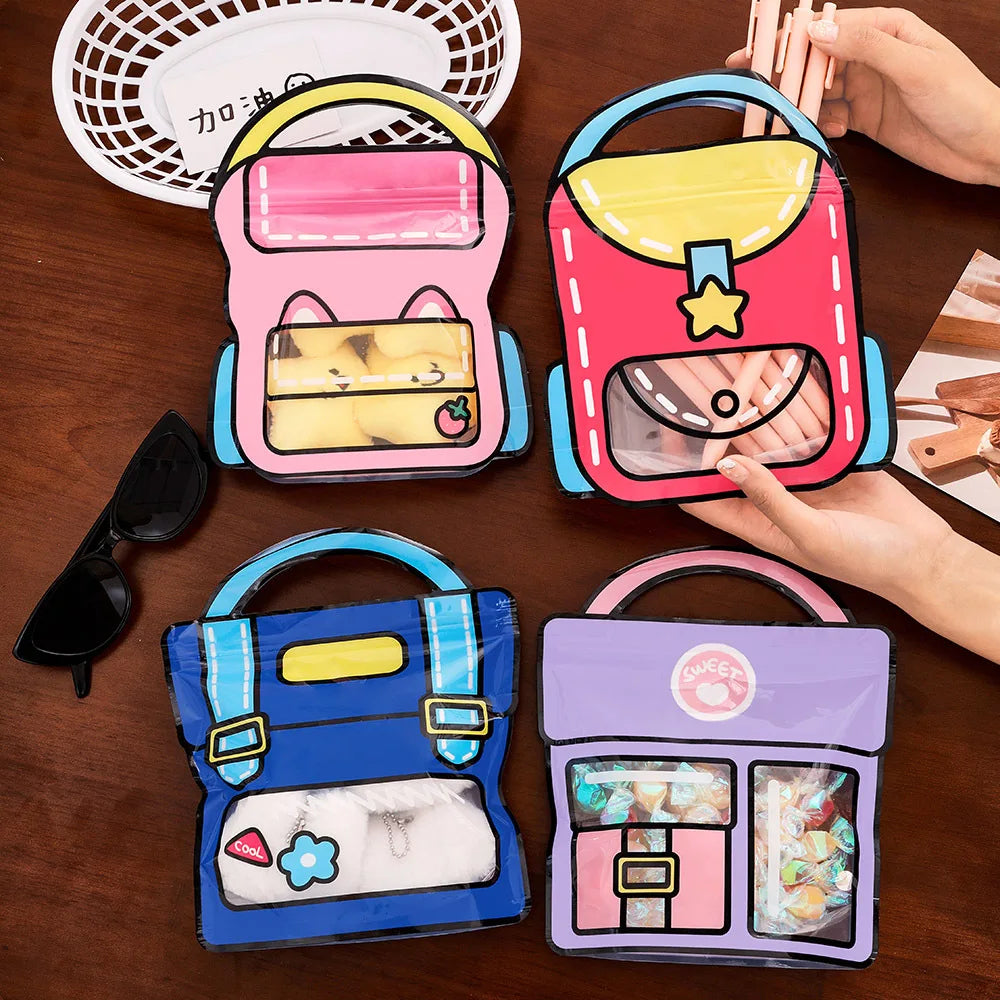 Four colorful small bags with cartoon designs on a wooden surface.