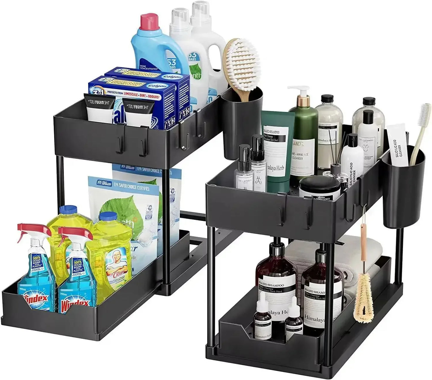 Under Sink Sliding Cabinet Storage Rack with Hooks