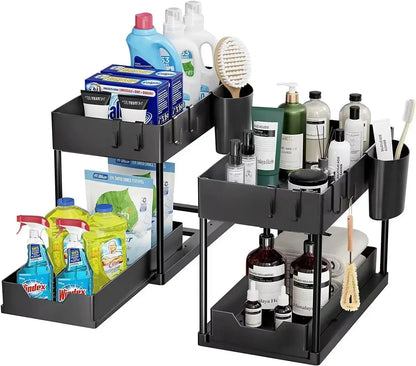 Under Sink Sliding Cabinet Storage Rack with Hooks