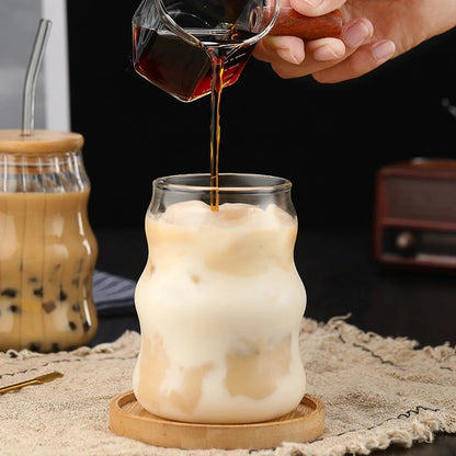 500ml Stripe Glass Cup with Lid & Straw – Iced Coffee Drinking Mug