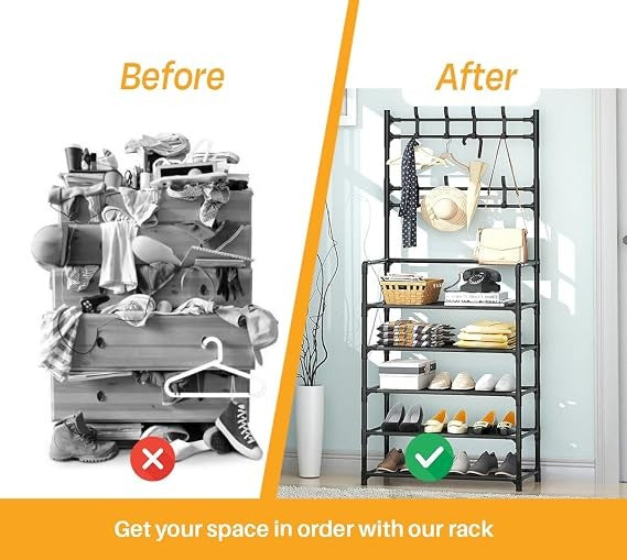 5 tier shoe and coat rack with hooks for entryway organization