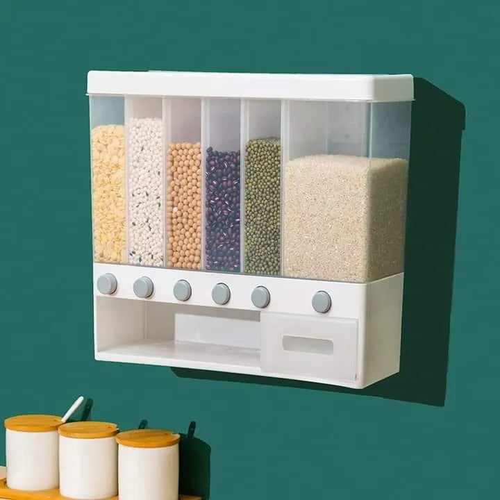 10KG Wall Mounted Rice Dispenser | 6-Grid Automatic Cereal & Grain Storage Container – Moisture-Proof Kitchen Organizer