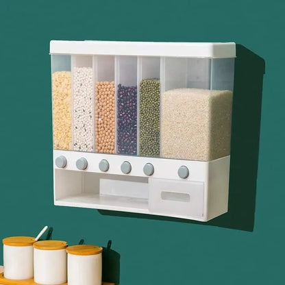 10KG Wall Mounted Rice Dispenser | 6-Grid Automatic Cereal & Grain Storage Container – Moisture-Proof Kitchen Organizer