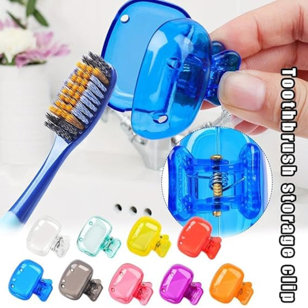 Blue toothbrush storage clip with a toothbrush and colorful clips on a white background.