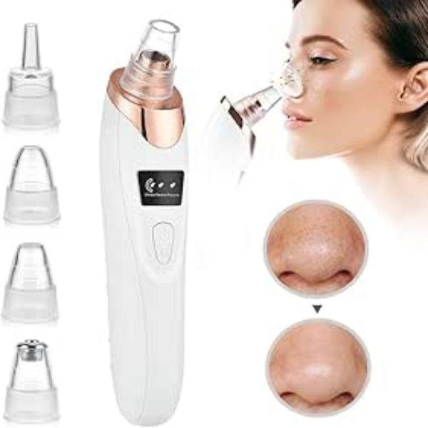 Nose hair trimmer with attachments and a woman using it on her nose.