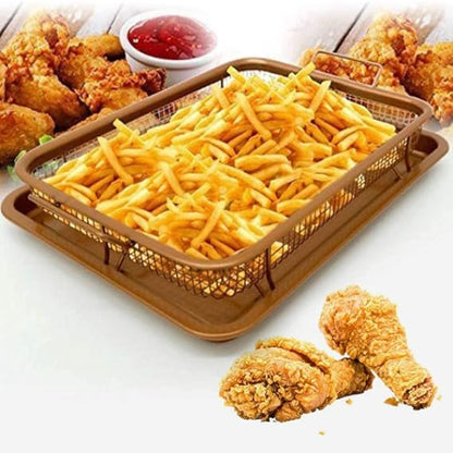 Stainless Steel Roasting Basket with Oil Drain Rack | Double-Eared Mesh Baking Tray Set (2 Pcs) for Air Fryer, Oven & BBQ
