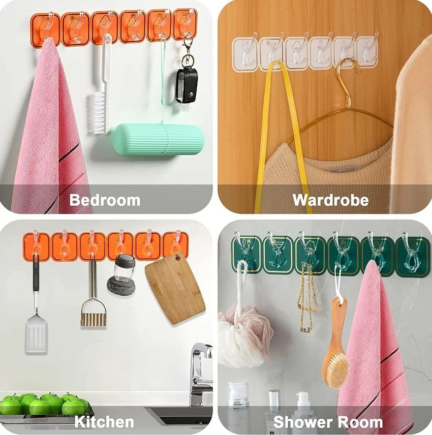 6-Row Self-Adhesive Wall Hook Organizer | Strong Sticky Transparent Multi-Hook for Kitchen, Bathroom & Wardrobe