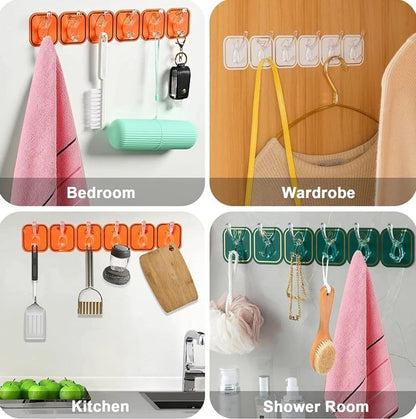 6-Row Self-Adhesive Wall Hook Organizer | Strong Sticky Transparent Multi-Hook for Kitchen, Bathroom & Wardrobe
