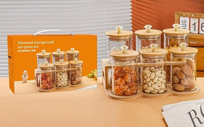 6pcs Transparent Glass Jar Set with Wooden Stand