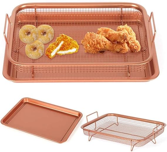Stainless Steel Roasting Basket with Oil Drain Rack | Double-Eared Mesh Baking Tray Set (2 Pcs) for Air Fryer, Oven & BBQ