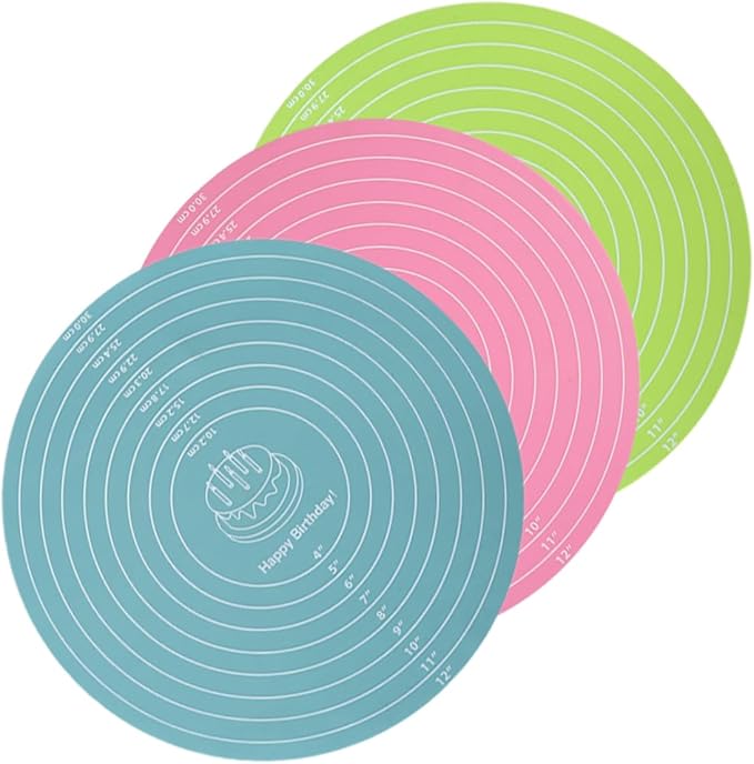 Three round baking mats in green, pink, and blue with measurement markings on a white background.