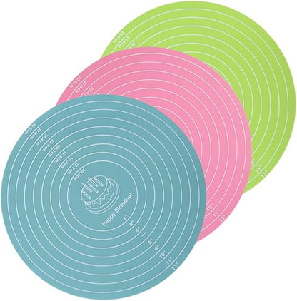 Three round baking mats in green, pink, and blue with measurement markings on a white background.