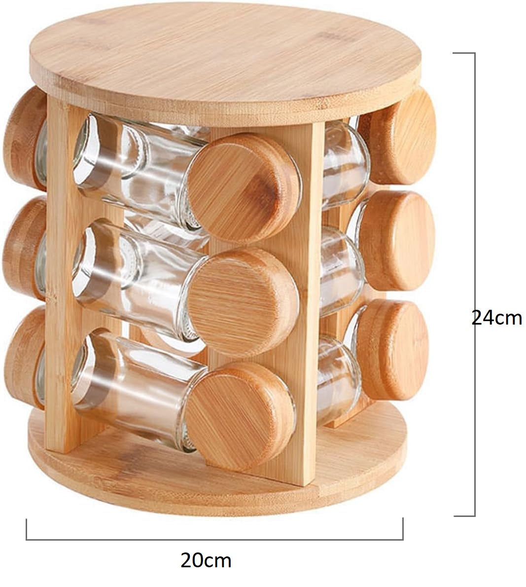 Wooden Spice Jar Organizer with 12 Glass Jars | 360° Rotating Masala Rack for Modular Kitchen