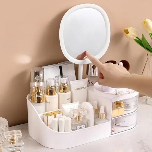 Cosmetic organizer with skincare products and a round mirror on a beige background