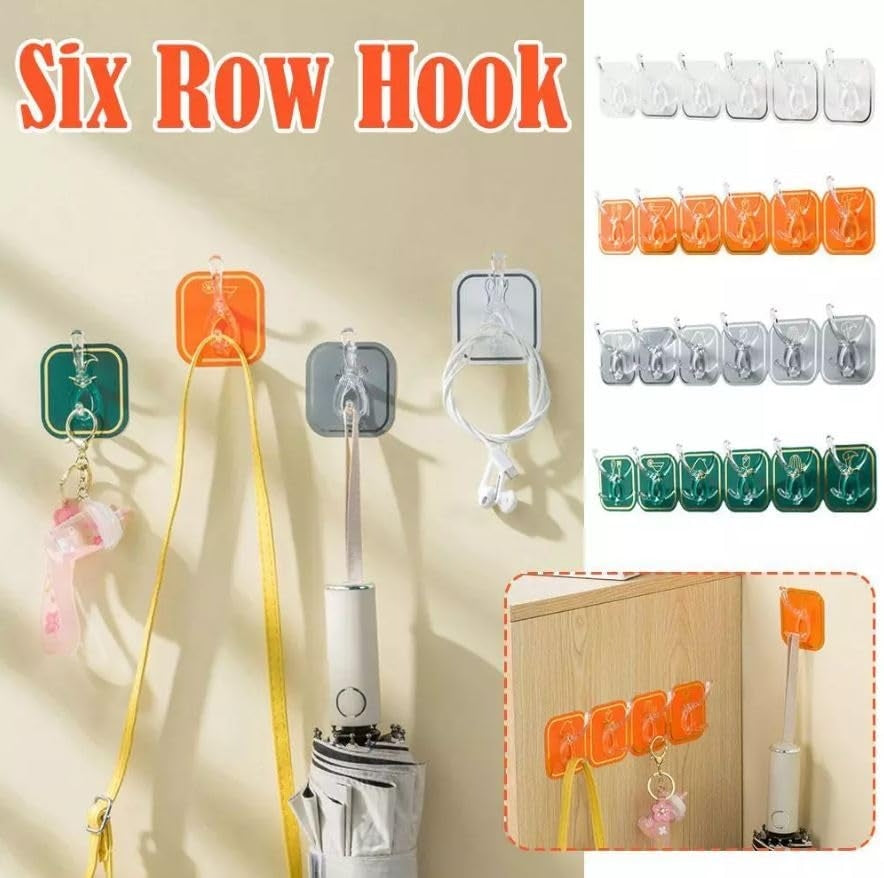 6-Row Self-Adhesive Wall Hook Organizer | Strong Sticky Transparent Multi-Hook for Kitchen, Bathroom & Wardrobe