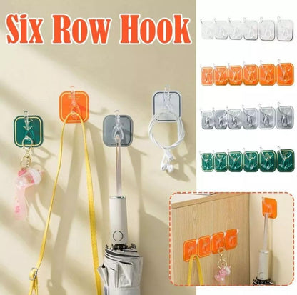 6-Row Self-Adhesive Wall Hook Organizer | Strong Sticky Transparent Multi-Hook for Kitchen, Bathroom & Wardrobe