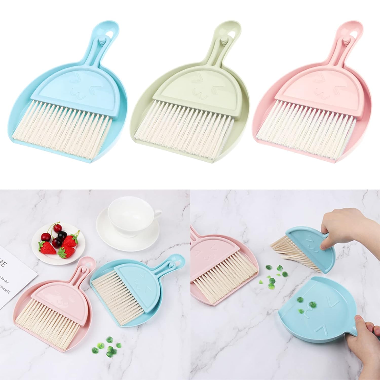 Set of three dustpan and brush sets in blue, green, and pink on a white background.