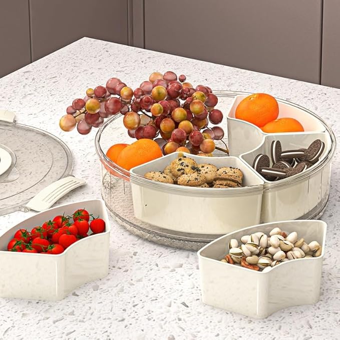 Divided Snack Rotating Tray with Lid & Handle