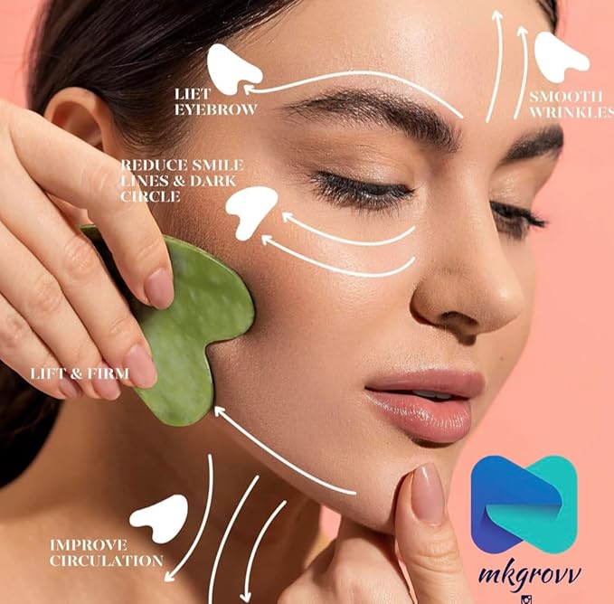 Woman using a green facial tool on her face with labeled benefits on a pink background, featuring the mkgrovv brand.