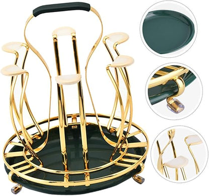 Gold dish drying rack with close-up insets on a white background