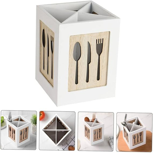 White utensil holder with wooden insert featuring cutlery icons, shown from multiple angles.