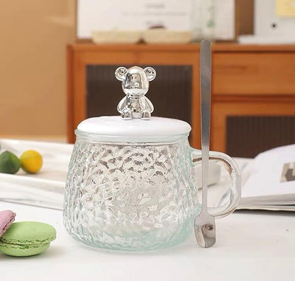 Vintage Bear Glass Cup with Lid & Spoon – Cute Cartoon Coffee Mug