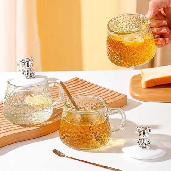 Vintage Bear Glass Cup with Lid & Spoon – Cute Cartoon Coffee Mug